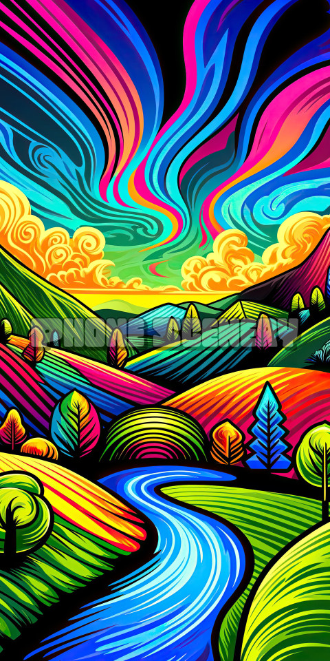 Vibrant Abstract Landscape Art with Colorful Sky and Flowing River
