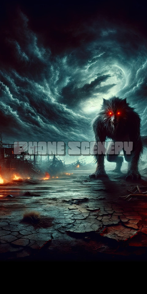 Ominous Creature in a Post-Apocalyptic Landscape with Glowing Red Eyes