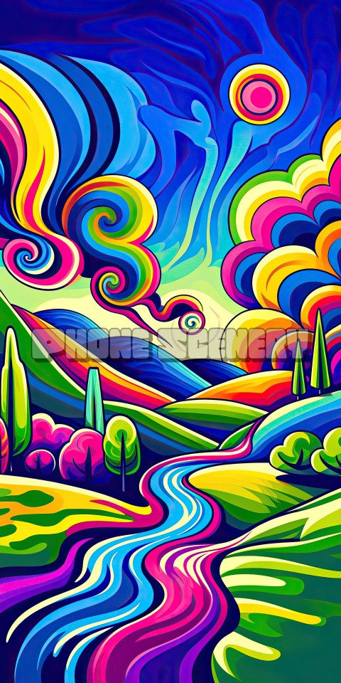 Psychedelic Landscape Art with Swirling Colors and a Vibrant River