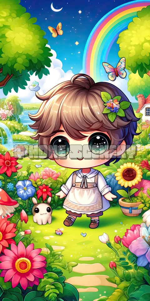 Adorable Chibi Character in a Magical Garden with Rainbow and Butterflies