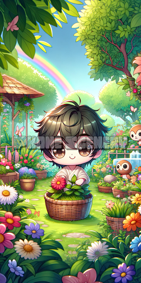 Cute Chibi Character in a Lush Garden with Flowers and Rainbow