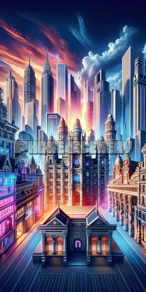 Futuristic Cityscape with Majestic Skyscrapers and Ornate Buildings at Sunset
