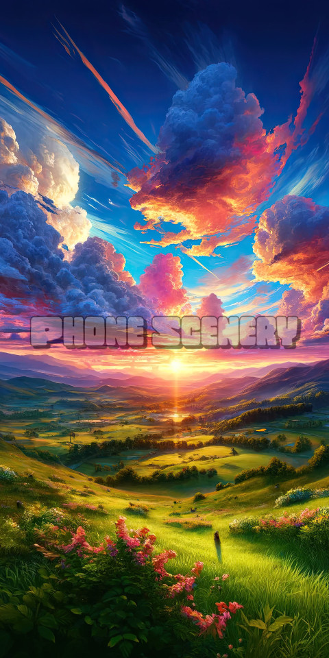Breathtaking Sunset over a Vibrant and Lush Valley Landscape