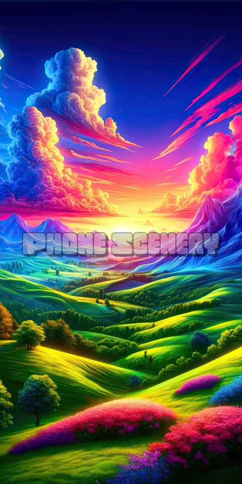 Vibrant Sunset over a Colorful and Serene Mountain Valley