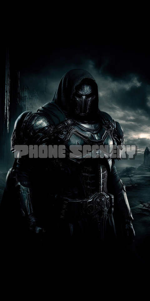 Dark and Mysterious Armored Figure in a Gothic Landscape