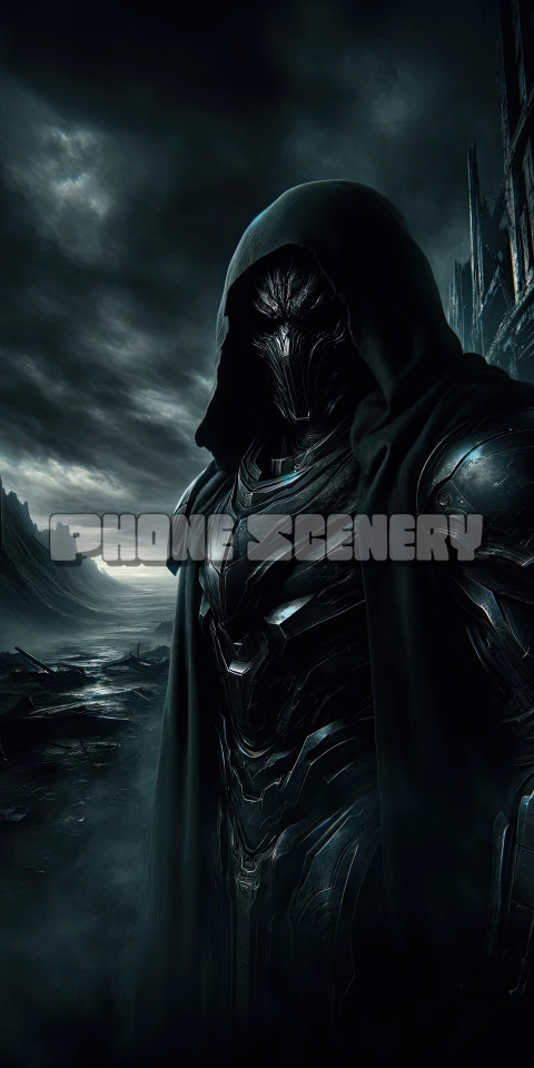 Mysterious Hooded Armored Figure in a Dark and Gloomy Landscape