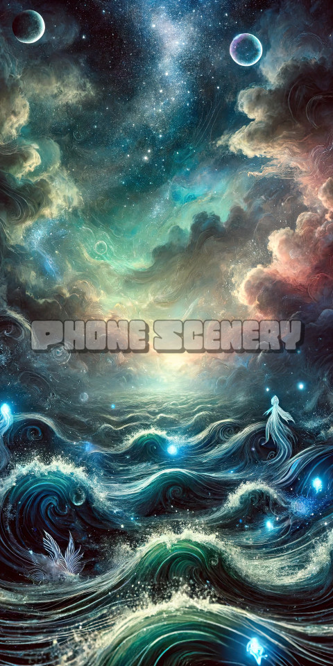 Enchanting Cosmic Ocean: Surreal Dreamscape with Waves and Stars Art Print