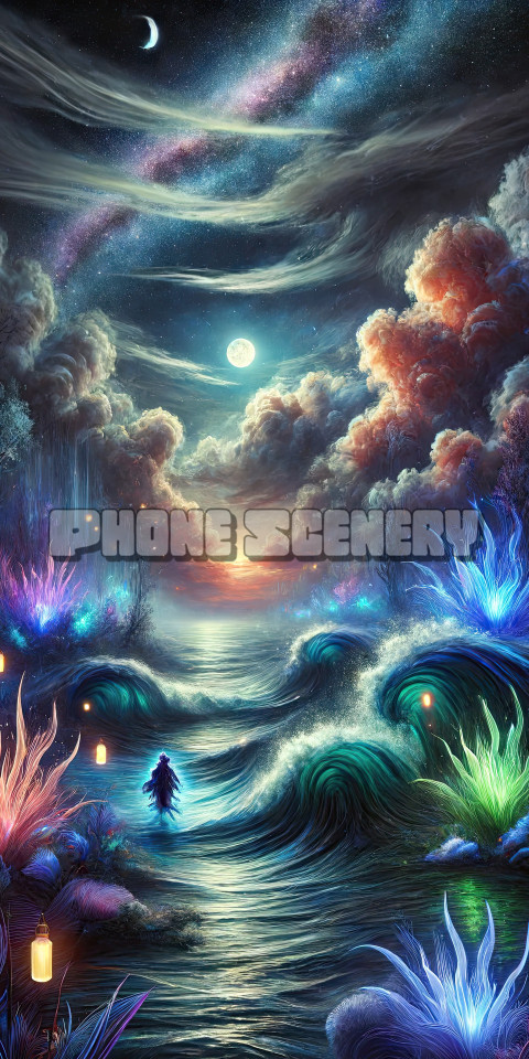 Magical Nocturnal Seascape: Surreal Ocean Waves and Illuminated Flora Art Print