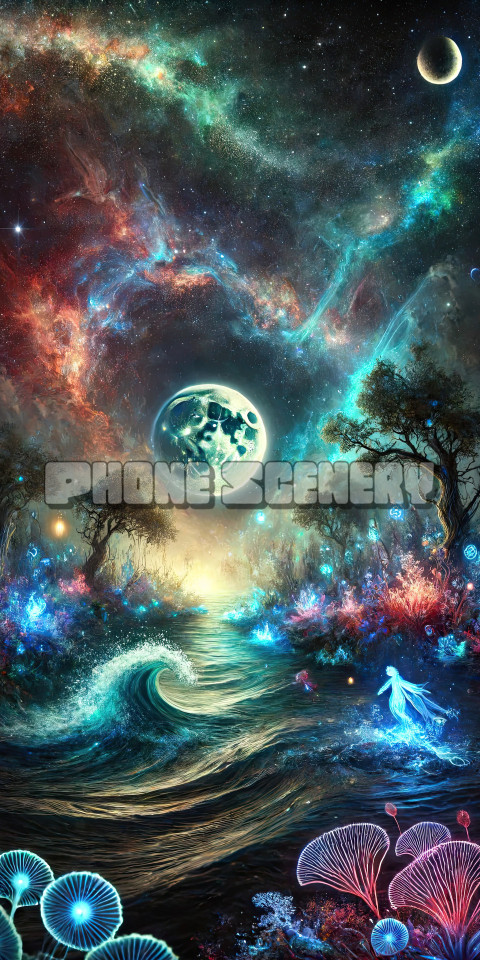 Otherworldly Lunar Landscape: Surreal Cosmic Forest with Glowing Flora Art Print
